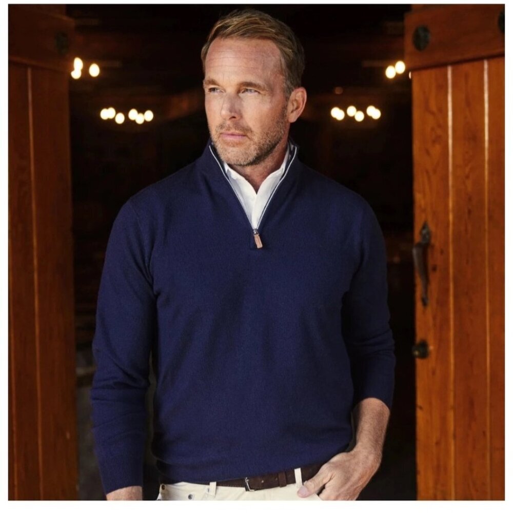Collars & Co 1/4 Zip Cashmere Touch Sweater Mens Small Navy Merino Wool Preppy